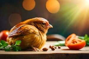 uma frango é sentado em uma de madeira mesa com tomates e ervas. gerado por IA foto