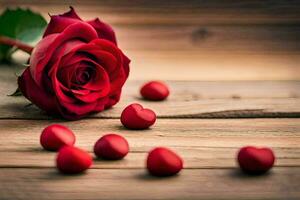 uma vermelho rosa e vermelho corações em uma de madeira mesa. gerado por IA foto