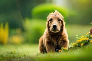 uma dourado retriever sentado dentro a grama. gerado por IA foto