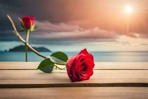 dois vermelho rosas em uma de madeira mesa com a oceano dentro a fundo. gerado por IA foto