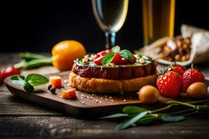 uma prato com uma sanduíche, fruta e uma vidro do champanhe. gerado por IA foto