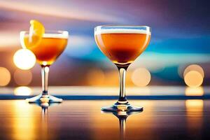 dois óculos do álcool com laranja fatias em a aro. gerado por IA foto