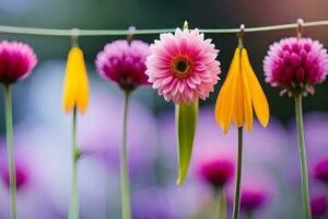 flores suspensão em uma varal de roupas. gerado por IA foto