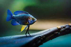uma azul peixe com amarelo olhos é sentado em uma peça do madeira. gerado por IA foto