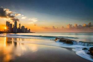 a Sol conjuntos sobre a oceano e cidade Horizonte. gerado por IA foto