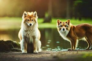 dois cachorros em pé Próximo para uma lago. gerado por IA foto