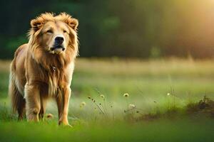 uma leão em pé dentro a grama. gerado por IA foto