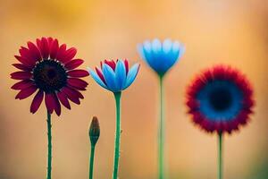 três vermelho e azul flores estão em pé dentro frente do uma borrado fundo. gerado por IA foto