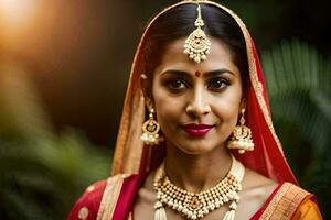 lindo indiano noiva dentro tradicional traje. gerado por IA foto