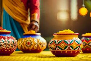 uma mulher é colocação colorida panelas em uma mesa. gerado por IA foto