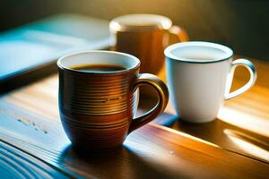 dois café copos sentar em uma de madeira mesa. gerado por IA foto