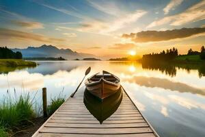 uma barco em uma lago às pôr do sol. gerado por IA foto