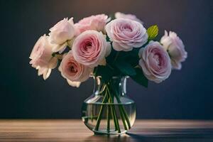 Rosa rosas dentro uma vaso em uma mesa. gerado por IA foto