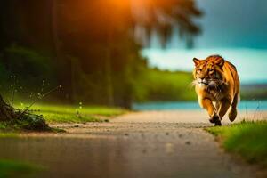 uma tigre caminhando baixa uma estrada às pôr do sol. gerado por IA foto