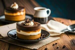 chocolate bolo com café feijões e uma copo do café. gerado por IA foto