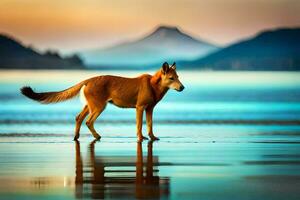 uma vermelho cachorro em pé em a de praia com montanhas dentro a fundo. gerado por IA foto