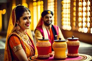 uma casal dentro tradicional indiano vestuário é sorridente e segurando uma bandeja. gerado por IA foto