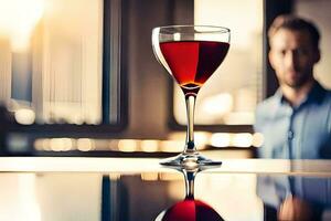 uma homem sentado às uma mesa com uma vidro do vinho. gerado por IA foto