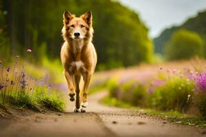 uma cachorro corrida em uma sujeira estrada dentro a meio do uma campo. gerado por IA foto