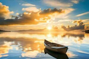 uma barco é flutuando dentro a calma água às pôr do sol. gerado por IA foto