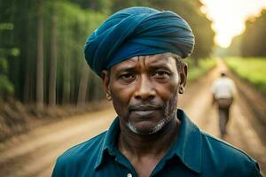 uma homem dentro uma turbante em uma sujeira estrada. gerado por IA foto