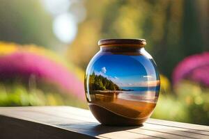 uma vaso com uma de praia e árvores refletido dentro isto. gerado por IA foto