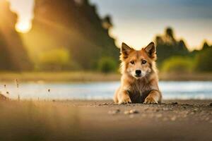 uma cachorro sentado em a terra perto uma lago. gerado por IA foto