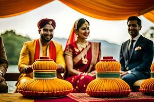 indiano Casamento cerimônia dentro lago distrito. gerado por IA foto