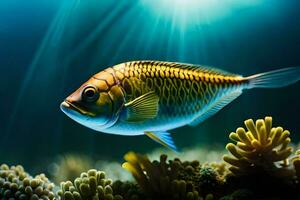 uma peixe natação dentro a oceano com luz solar brilhando em isto. gerado por IA foto