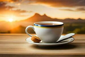 uma copo do chá em uma de madeira mesa com uma Visão do a montanhas. gerado por IA foto