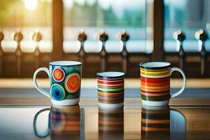 três colorida café canecas em uma mesa. gerado por IA foto