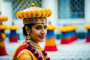 uma mulher dentro tradicional indiano vestuário poses para uma foto. gerado por IA foto