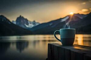 café xícara, a sol, montanhas, lago, água, hd papel de parede. gerado por IA foto