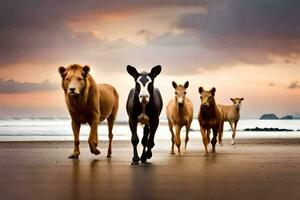 uma grupo do cavalos caminhando em a de praia. gerado por IA foto