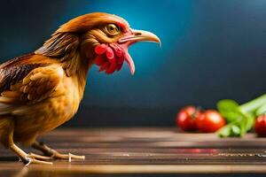 uma frango com uma vermelho bico e vermelho penas. gerado por IA foto