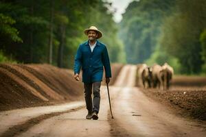 uma homem caminhando em uma sujeira estrada com gado. gerado por IA foto