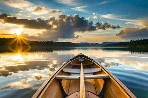 uma canoa é flutuando em uma calma lago às pôr do sol. gerado por IA foto