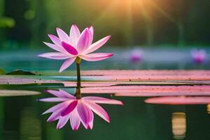 uma Rosa lótus flor é refletido dentro a água. gerado por IA foto