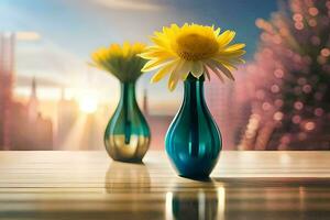 dois vasos com flores em uma mesa dentro frente do uma cidade Horizonte. gerado por IA foto