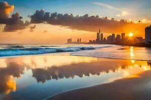 a Sol conjuntos sobre a cidade Horizonte em uma de praia. gerado por IA foto