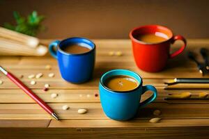 três colorida copos do café sentar em uma de madeira mesa. gerado por IA foto