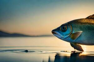 uma peixe é em pé em a água às pôr do sol. gerado por IA foto