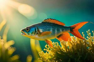 uma peixe natação dentro a oceano com luz solar brilhando. gerado por IA foto