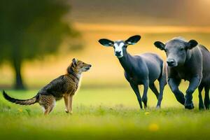 uma cachorro e dois cabras dentro uma campo. gerado por IA foto