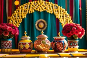 colorida vasos e flores em uma mesa. gerado por IA foto