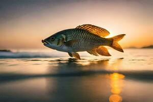 uma peixe é natação dentro a oceano às pôr do sol. gerado por IA foto