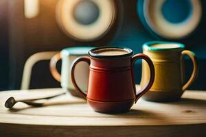 três colorida café canecas sentar em uma mesa. gerado por IA foto