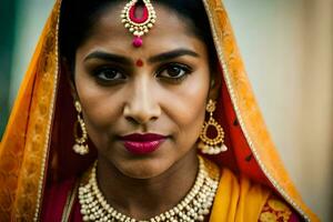 a indiano mulher vestindo uma tradicional sári. gerado por IA foto