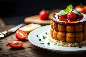 uma prato com uma bolo coberto dentro molho e morangos. gerado por IA foto