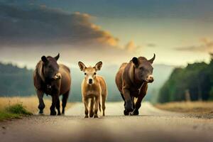 uma cachorro e dois vacas caminhando baixa uma estrada. gerado por IA foto